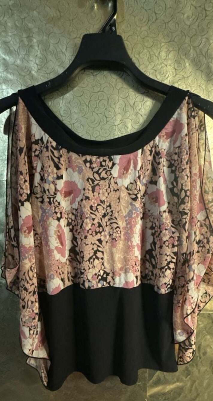 Connected Apparel Floral Chiffon Capelet Overlay Top